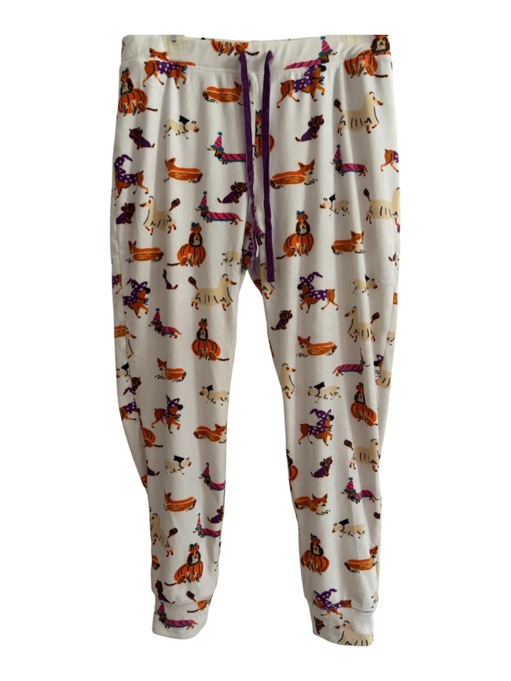 Large Novogratz Women’s Pumpkin & Dog Print Pajama Pants Purple Drawstring